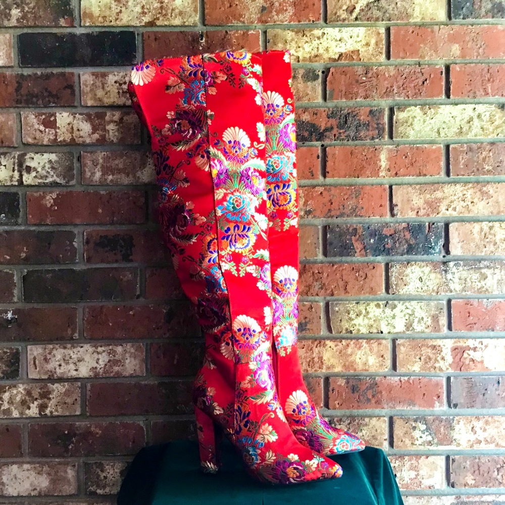 Red floral satin boots